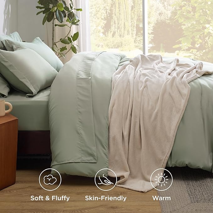 Bedsure King Comforter Set Sage Green, 8 Pieces Prewashed King Size Bed in a Bag with Soft Fleece Bed Blanket, Down Alternative Bedding Set for All Seasons, Sheets, Pillowcases & Shams