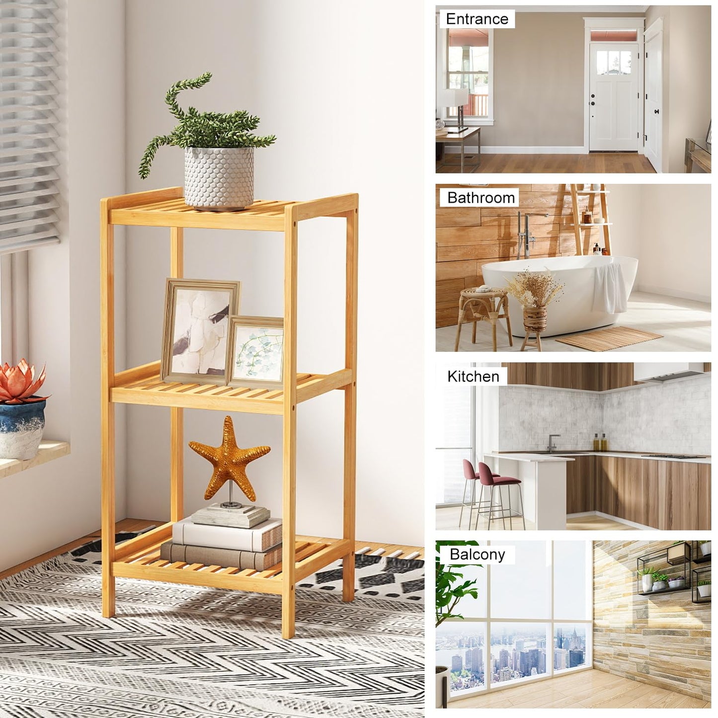 kinbor 3-Tier Bamboo Shelf Freestanding - Space-Saving Bathroom Standing Shelf & Plant Stand, 3 Shelf Bookcase for Kitchen, Living Room, Office (Natural Bamboo, Easy Assembly)