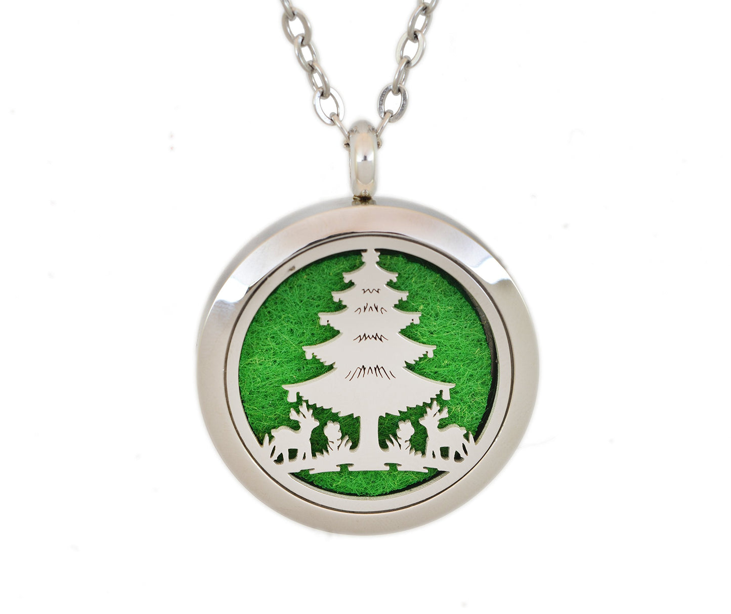 Aromatherapy Essential Oil Diffuser Stainless Steel 30MM Silver Magnetic Locket Pendant with Chain Necklace and Colored Refill Pads & Diffuser Bracelet All in a Velvet Bag (Christmas Tree)