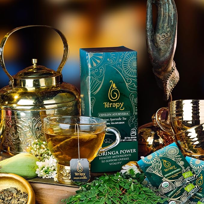 Térapy Ceylon Organic MORINGA TEA | USDA Organic Herbal Tea Bags| Helps with Vitality & Antioxidants | 100% Natural Ayurvedic Ingredients | 20 Individually Wrapped Tea Bags