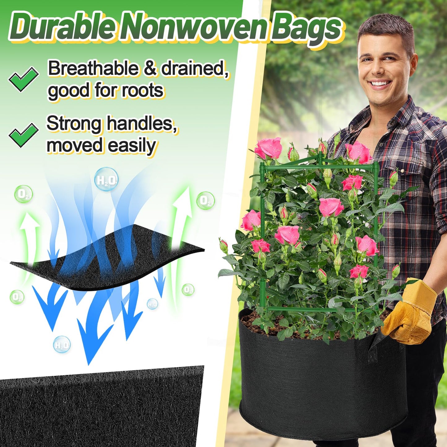 ANPHSIN Sturdy Triangle Tomato Cage with Movable 10 Gal Grow Bags - 3 Sets 47'' Plants Garden Trellis Planters, Support for Indoor Outdoor Beans, Peppers, Eggplants, Climbing Vegetables