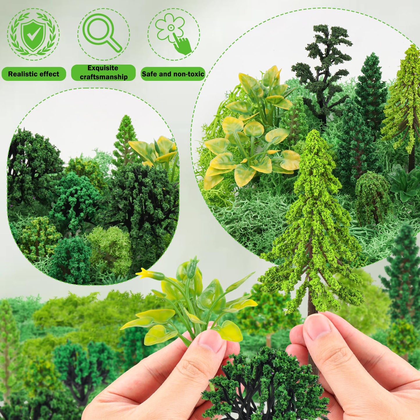 QUOZUO 36 Pcs Green Mixed Model Trees with 40g Moss, Diorama Trees Grass Mini Fake Miniature Trees Moss for Building Model, Model Train Scenery, Natural Green Landscape, Railroad Scenery