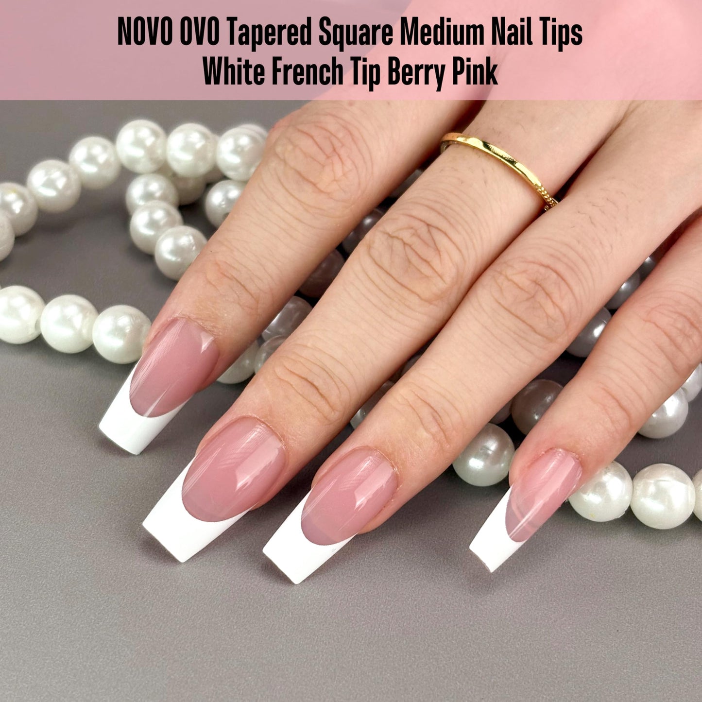 NOVO OVO White French Tip Medium Coffin Nail Tips Press on, BERRY PINK, Extra Thick Soft Gel Fake Nail Acrylic Extension, Need Builder Gel Top Coat, No Glue Included, for Salon DIY 15 Sizes x 240 pcs