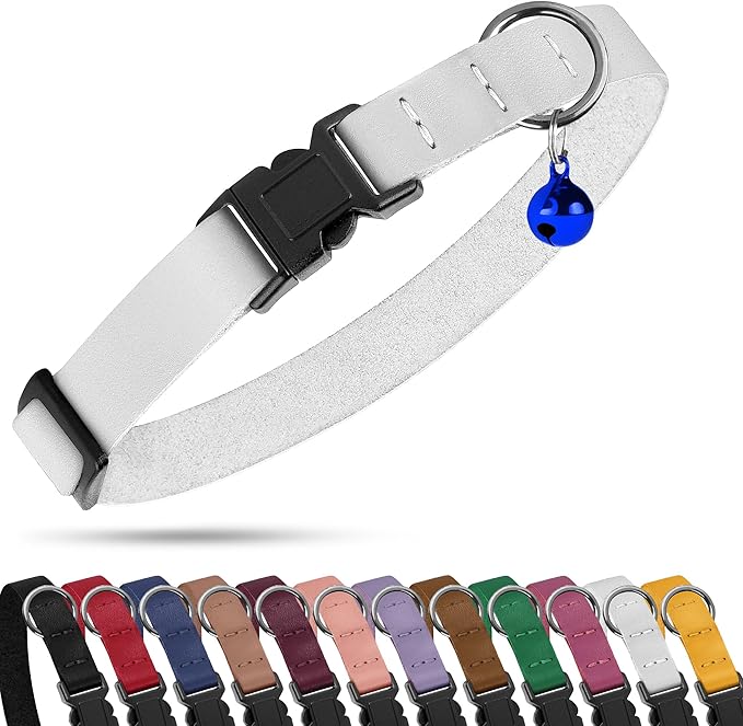 Breakaway Cat Collar with Bell - Leather Adjustable Kitten Collars with Safety Quick Release Buckle - Soft Small Pet Collars for Girl & Boy Cats (Green)