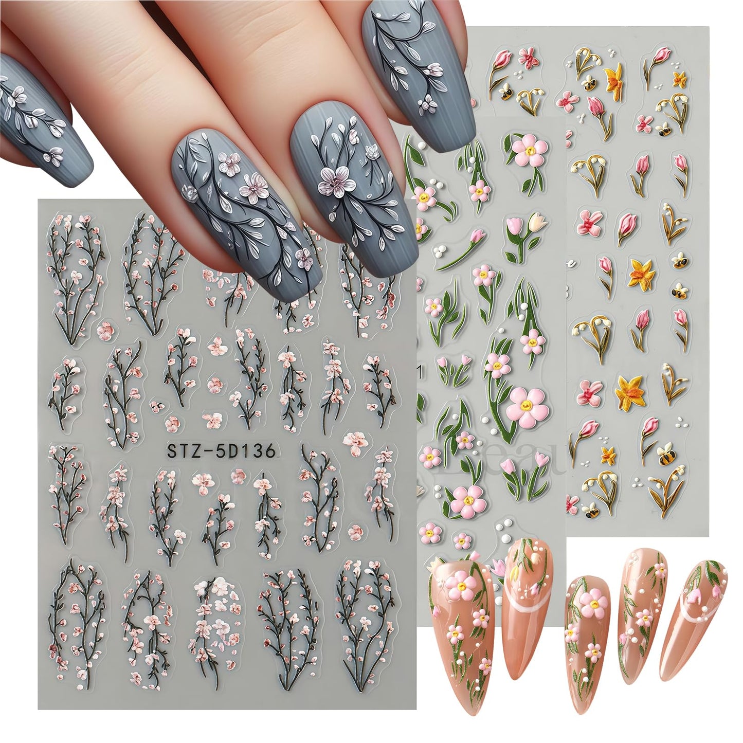 3 Sheets Flower Nail Art Stickers Decals 5D Self-Adhesive Nail Decals Spring/Summer Pink Peach Blossom Designs, Self-Adhesive Decals for Women's Nail DIY Decoration
