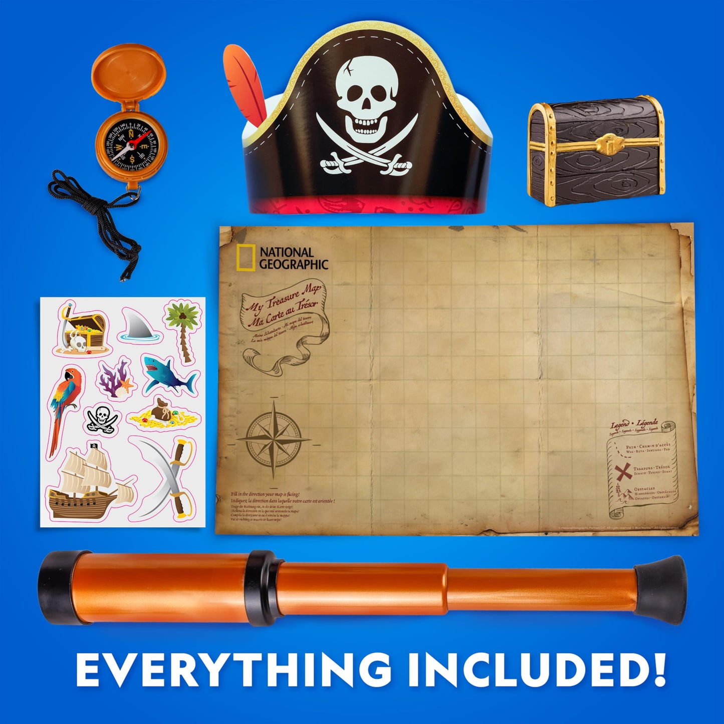 National Geographic Pirate Adventure Activity Kit – Dig for Treasure, Make a Pirate Hat & Map, Includes Spyglass, Compass, Replica Doubloon & Pyrite, STEM Toys, Telescope for Kids