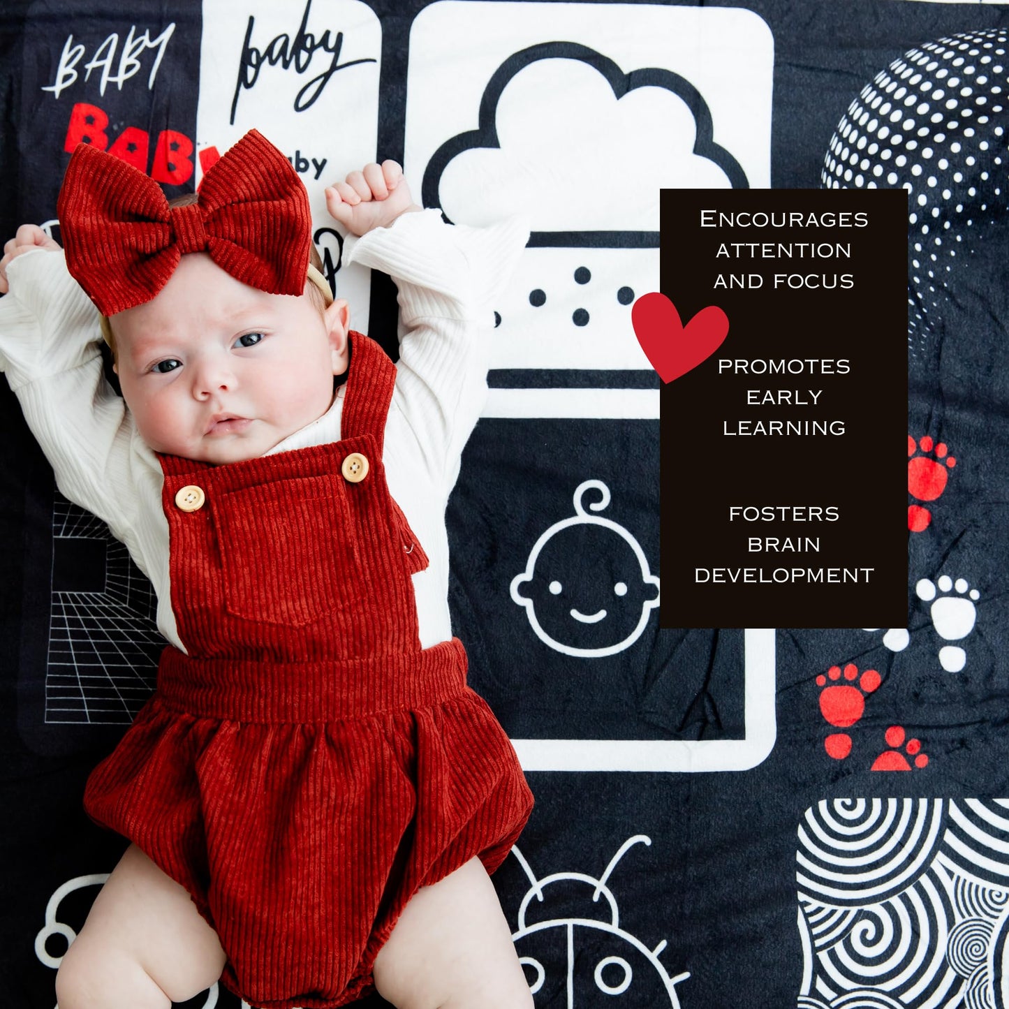 Baby Tummy Time Mat – High Contrast Black White Red Sensory Play Blanket for Newborn Visual Development, Infant Floor Play Area with Sherpa Backing, 50” x 60”