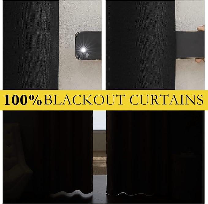 NICETOWN Black Truly Blackout Linen Blend Flax Drapes for Office, Vintage Grommet 100% Blackout Curtains with White Liner Backing for Kitchen Dorm Window（Set of 2, 52 inches Wide x 63 inches Long