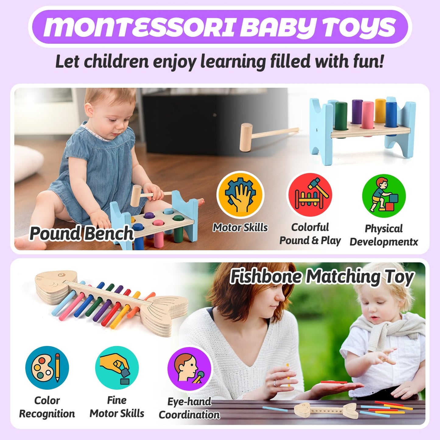 WoodTrove Wooden Montessori Toys for 1+ Year Old, 9-in-1 Learning Educational Set with 3-in-1 Activity Box, Pound Bench, Shape Puzzle, Cloth Books, Fishbone Matching & Ring Stacker