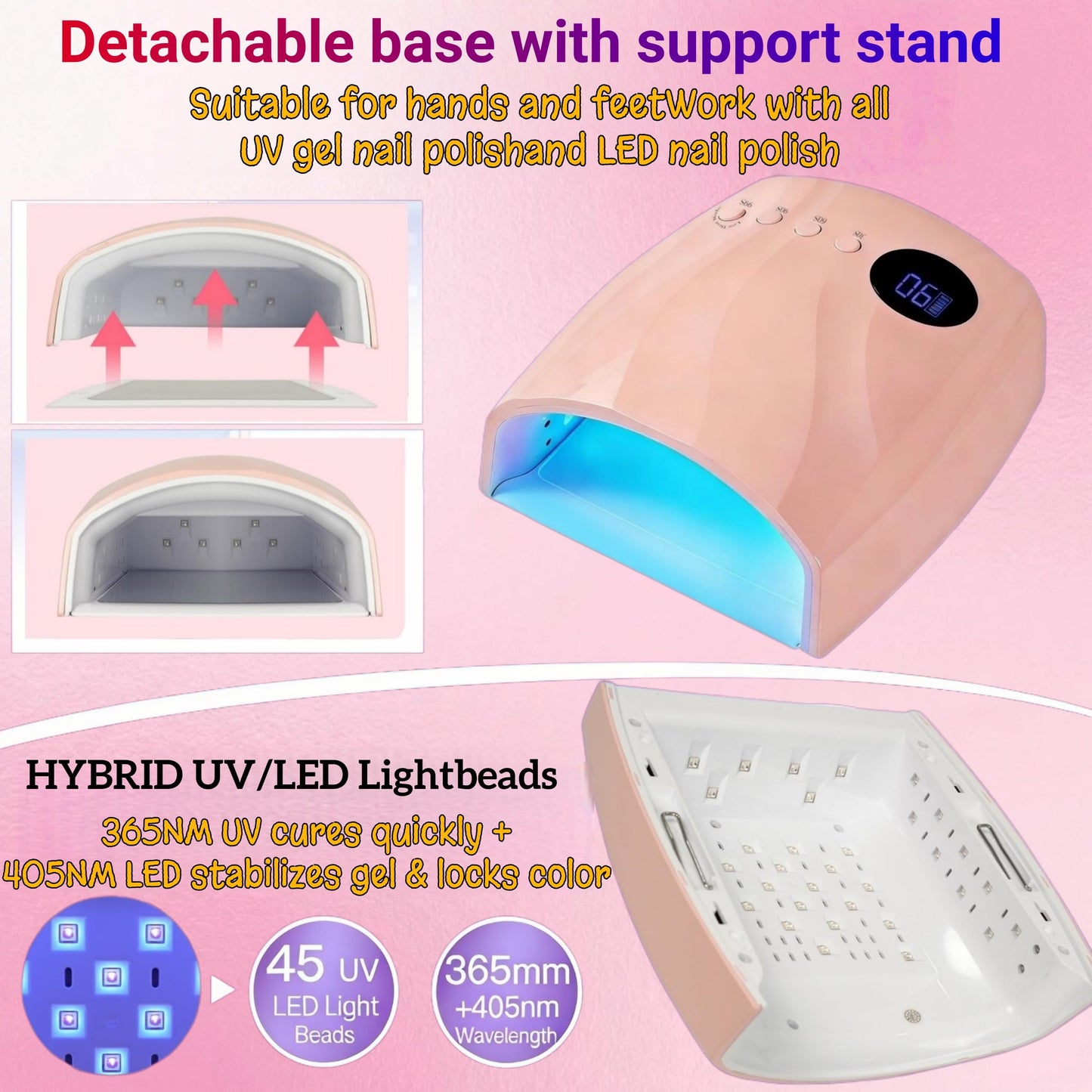 Nailartane Cordless UV Nail Lamp, 96W UV LED Nail lamp for Gel Polish & Acrylic Nails, Fast Curing Nail Light with 4 Timers, Detachable Base, Auto Sensor, 45 LED Beads, Salon & Home Use (Pink)