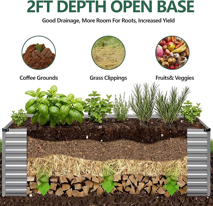 Vengarus 8x4x2FT Galvanized Raised Garden Bed Kit, Large Rectangle Elevated Planter for Vegetables, Flowers, Herbs and Succulents - 479 Gallon Capacity,Silver