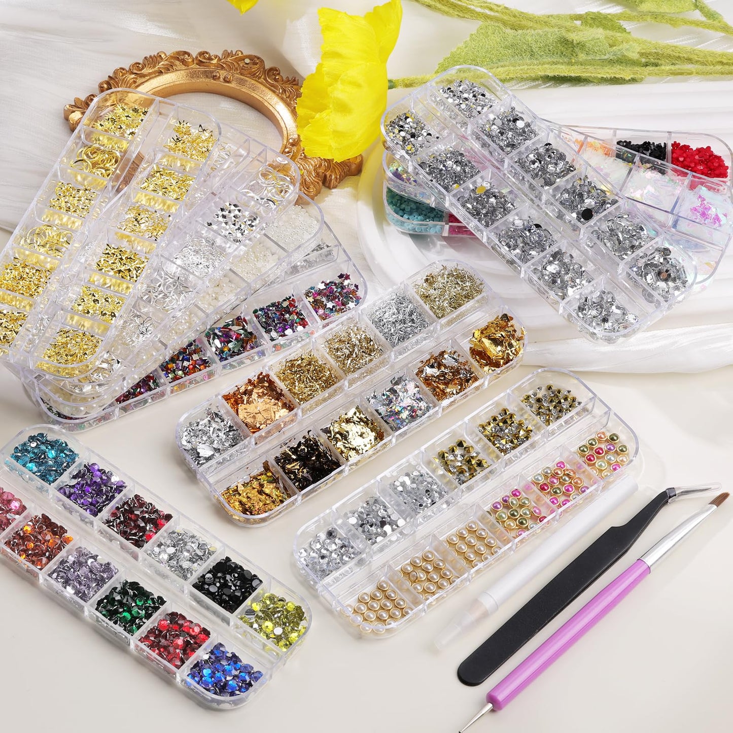 10 Boxes Nail Rhinestones Gems Kit,Gold/Silver Metal Studs,Mixed Sizes Flatback Crystals Rhinestones,Half Pearls,Sequins,Foil Flakes with Tweezers & Dotting Tools for DIY Manicure