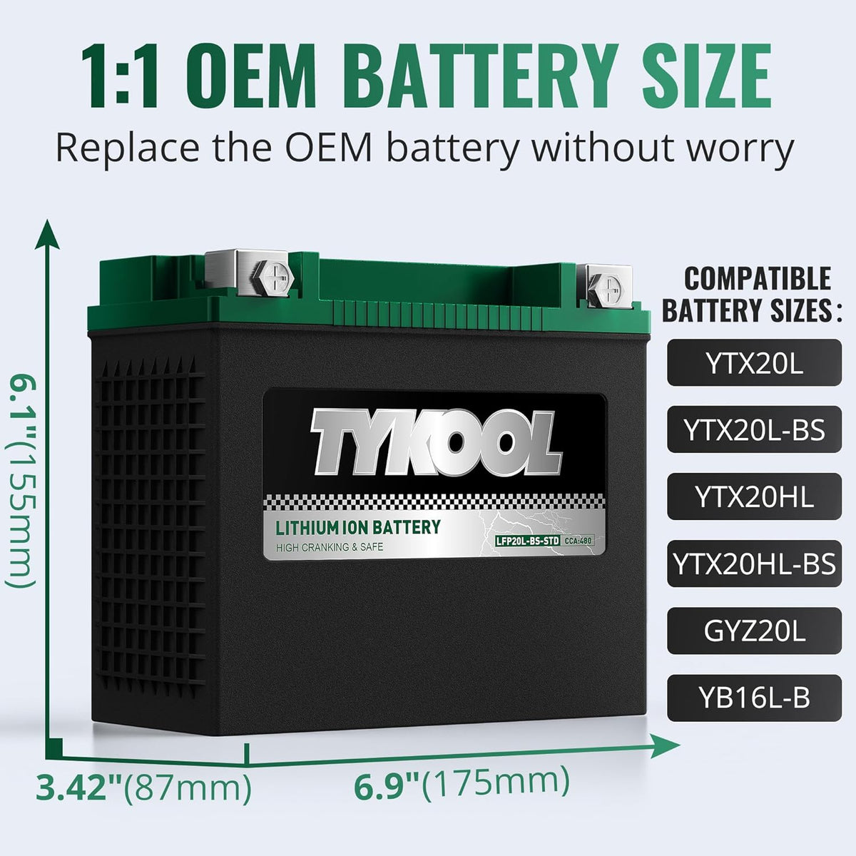 TYKOOL YTX20L-BS-STD Lithium LiFePO4 Motorcycle Battery 12v, 480CCA, 2X Cranking Amps,Digital Readout,Powersports Battery,for ATV,UTV,Jet Ski,PWC,Snowmobile,Quad,Riding Lawn Mowers and tractors