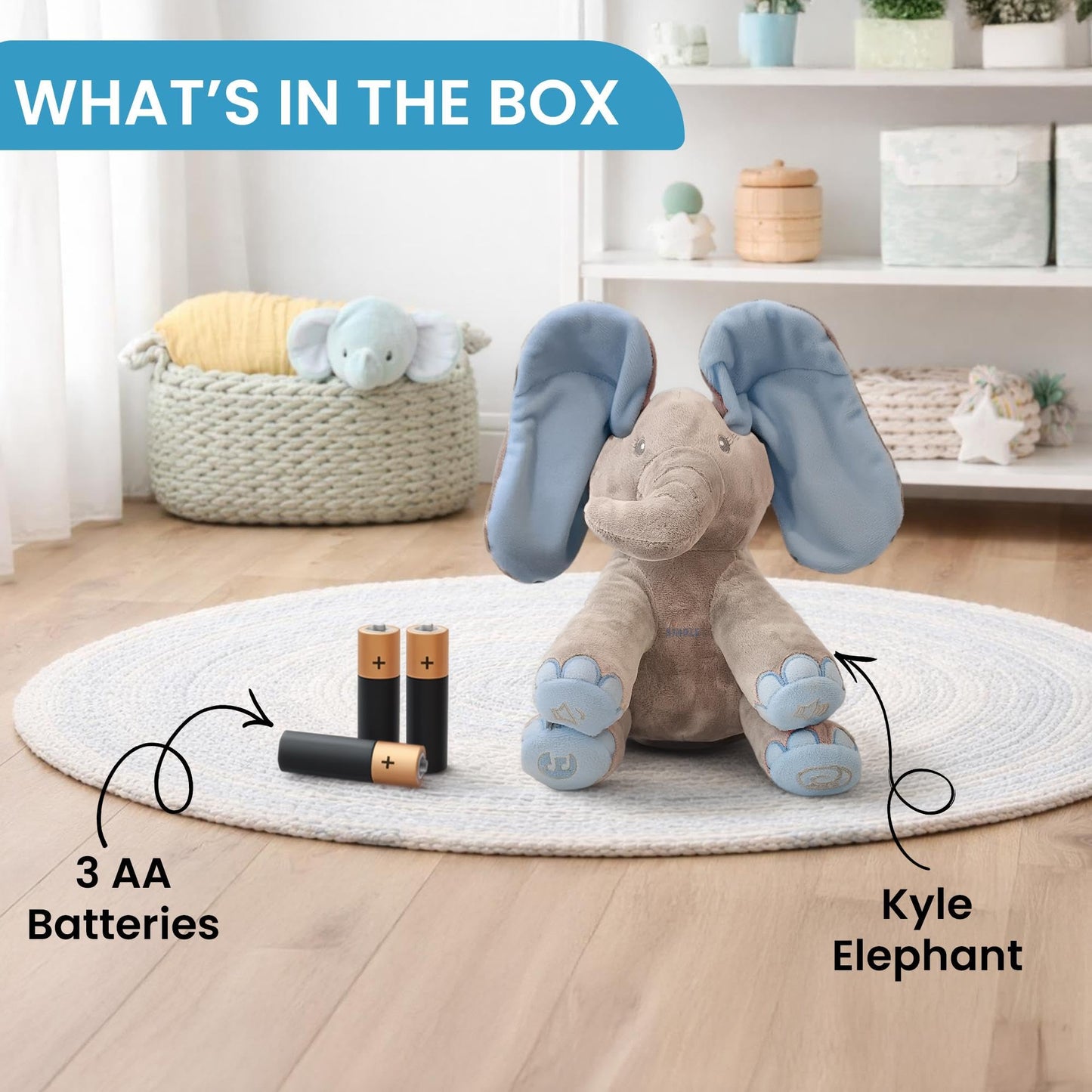 Dimple Kyle Elephant Stuffed Animal Toy - Animated Plush Blue Singing Elephant, Interactive Musical Peek-a-Boo for Babies, Kids, for Toddlers, Ages 0 and Up(Battery Included)