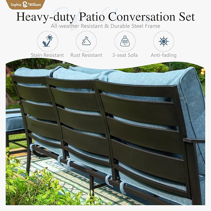 Sophia & William Patio Furniture Sets with 45" Gas Fire Pit Table for 7 Outdoor Conversation Sets 6 Pcs, 2 x Swivel Cushioned Sofa Chairs, 1x3-Seat Sofa, 2xOttomans for Backyard Poolside Navy