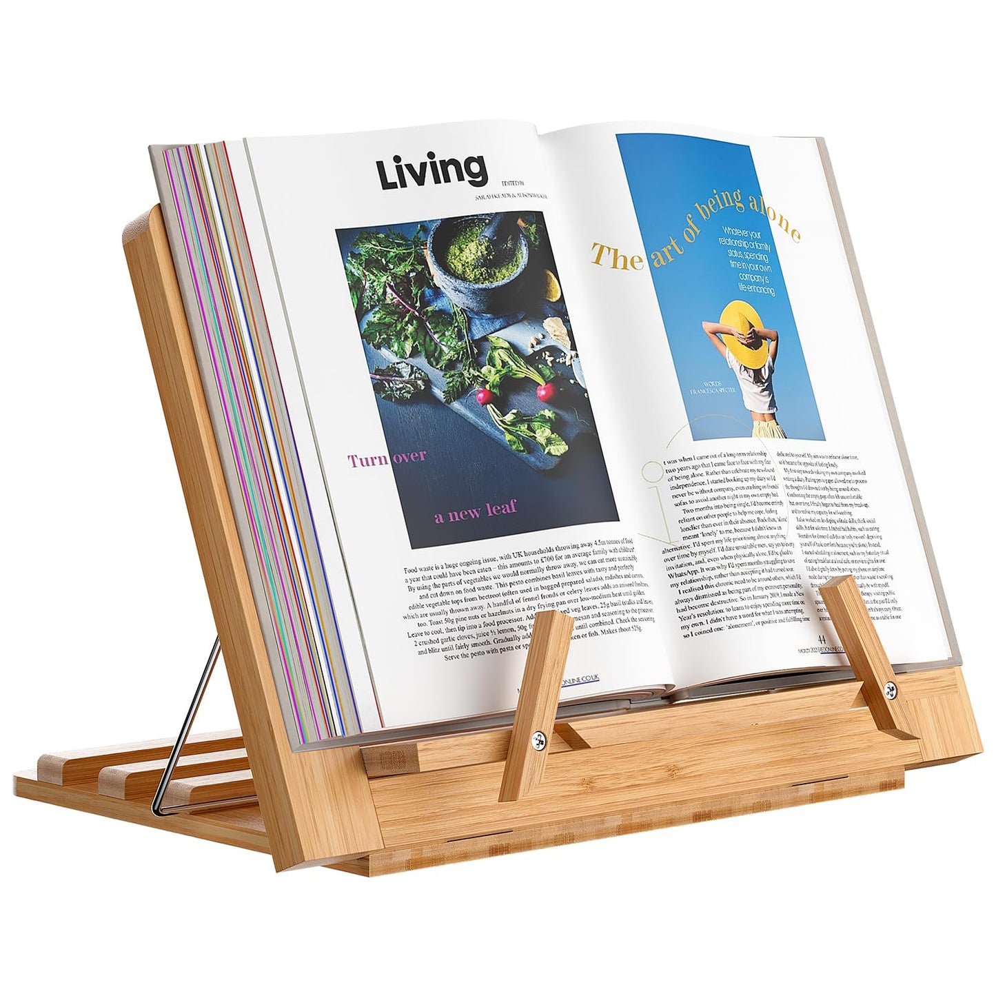 Wooden Desktop Book Stands, Adjustable Book Stand for Reading, Pezin & Hulin Cook Book Holder Seat, Bamboo Foldable Riser for Tablet, Recipe, Laptop with Page Clips