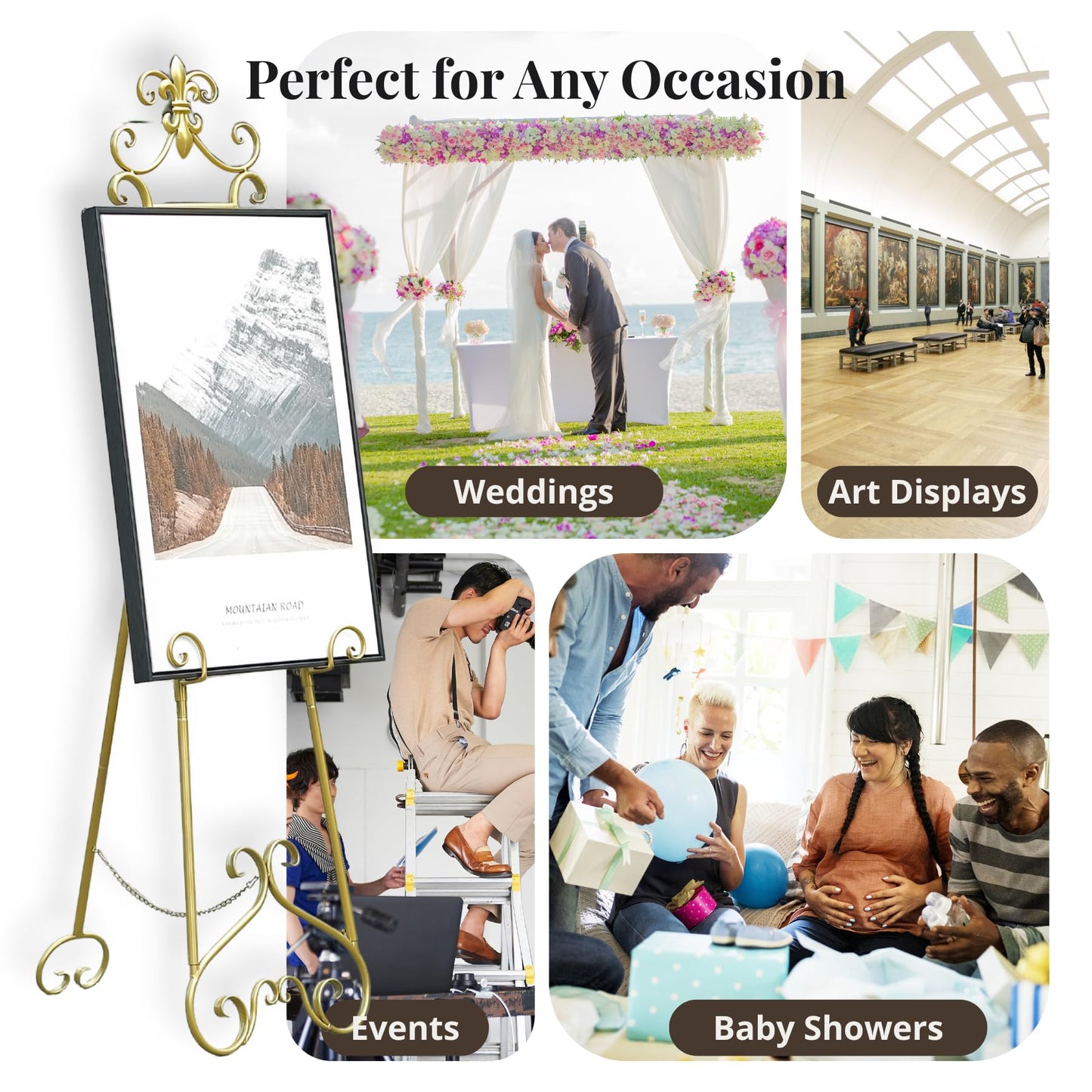 CaliDecor 60” H Gold Easel Stand for Sign, Large Adjustable Metal Display Standing for Displaying Pictures Wedding Poster Holder Showcasing with Chain Support