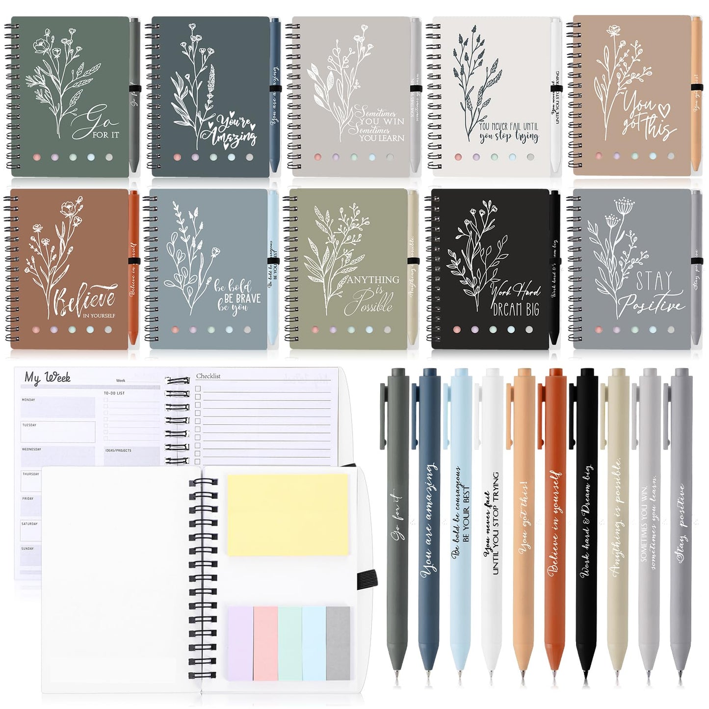 Dispowreath 20 Sets/40 Pcs Employee Appreciation Gifts Bulk A6 Inspirational Journal with Ballpoint Pen and Sticky Note Thank You Notebook for Staff Student Teacher Coworker(Boho Color)