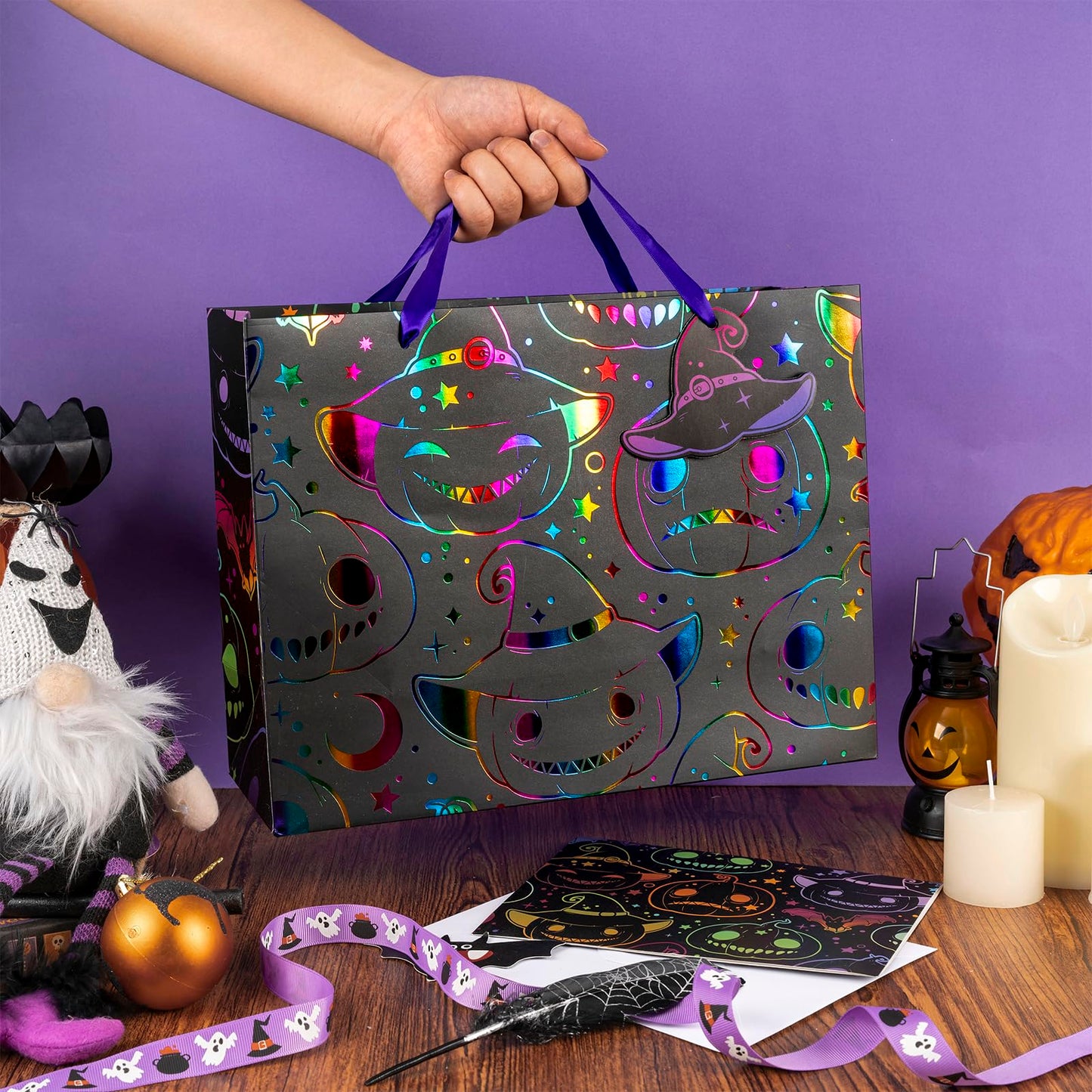 LeZakaa Halloween Wrapping Paper Roll 13" Gift Bag with Tissue Paper, Gift Tag, and Card, Evil Pumpkin Fluorescent Black Design