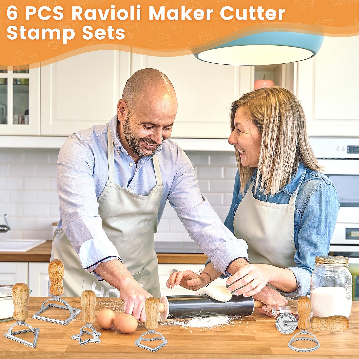 6PCS Ravioli Stamp Maker Cutter,Roller Wheel Included,Pasta Maker Mold with Wooden Handle and Fluted Edge,5 Different Shape Cutters,for Ravioli,Pasta,Dumplings Lasagna,Pierogi