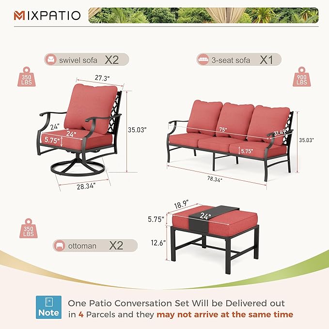 Patio Furniture Set 5 pcs, Outdoor Patio Furniture, 3-Seat Sofa, 2 Swivel Chairs, 2 Ottomans and 5.75" Extra Thick Cushion, Patio Conversation Set for Garden Backyard Deck,Red
