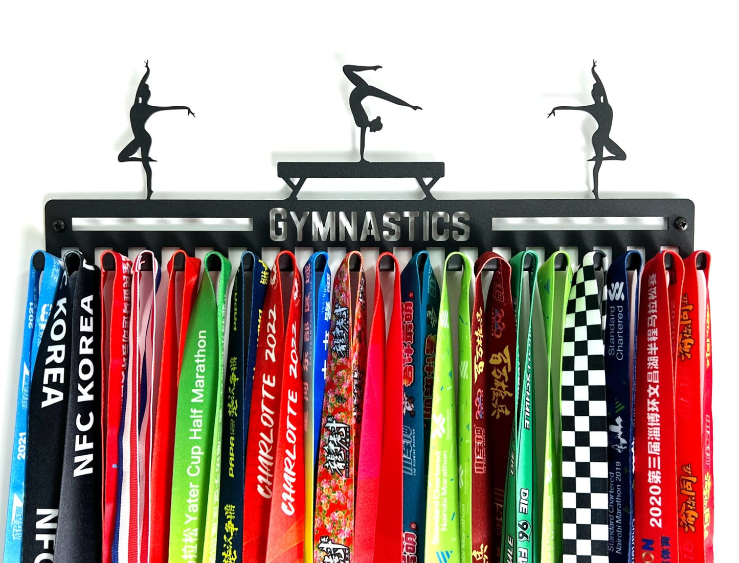 Gymnastics Medal Hanger Display, Ribbon Holder Rack, Metal Wall Mount Medal Holder Floating Shelves, 20 Easy Hang Hooks, Ribbon Display Wall Decor, Great Gift for Gymnasts, Cheerleaders (Black)