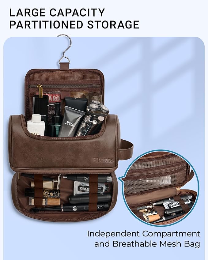 Elviros Toiletry Bag for Mens PU Leather Travel Organizer Kit with Hanging hook, Large Water-resistant Toiletries Bathroom Shaving Bags (Extra Large, Coffee)