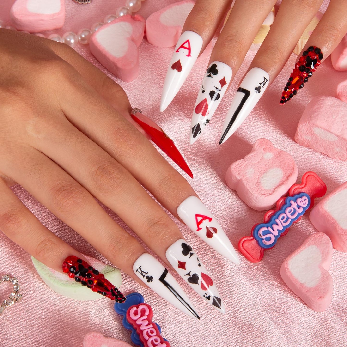 LOVFUL Press on Nails Poker Queen | Handmade with Full Covered Crystals | Reusable Fake Nails | Stiletto Mid Length 1.7 in | H102-M