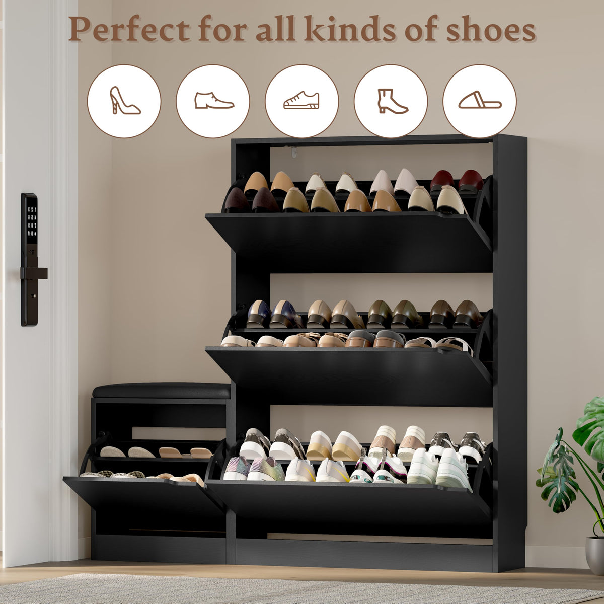 Shoe Cabinet with Bench and 3 Flip Drawers