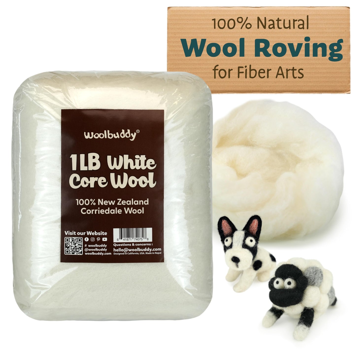 Woolbuddy Needle Felting Wool, Carded Core Wool, White Roving for Wet Painting, DIY Dryer Balls, Felting Pads, Supplies, and Bulk Chunky Yarn (15.7oz)