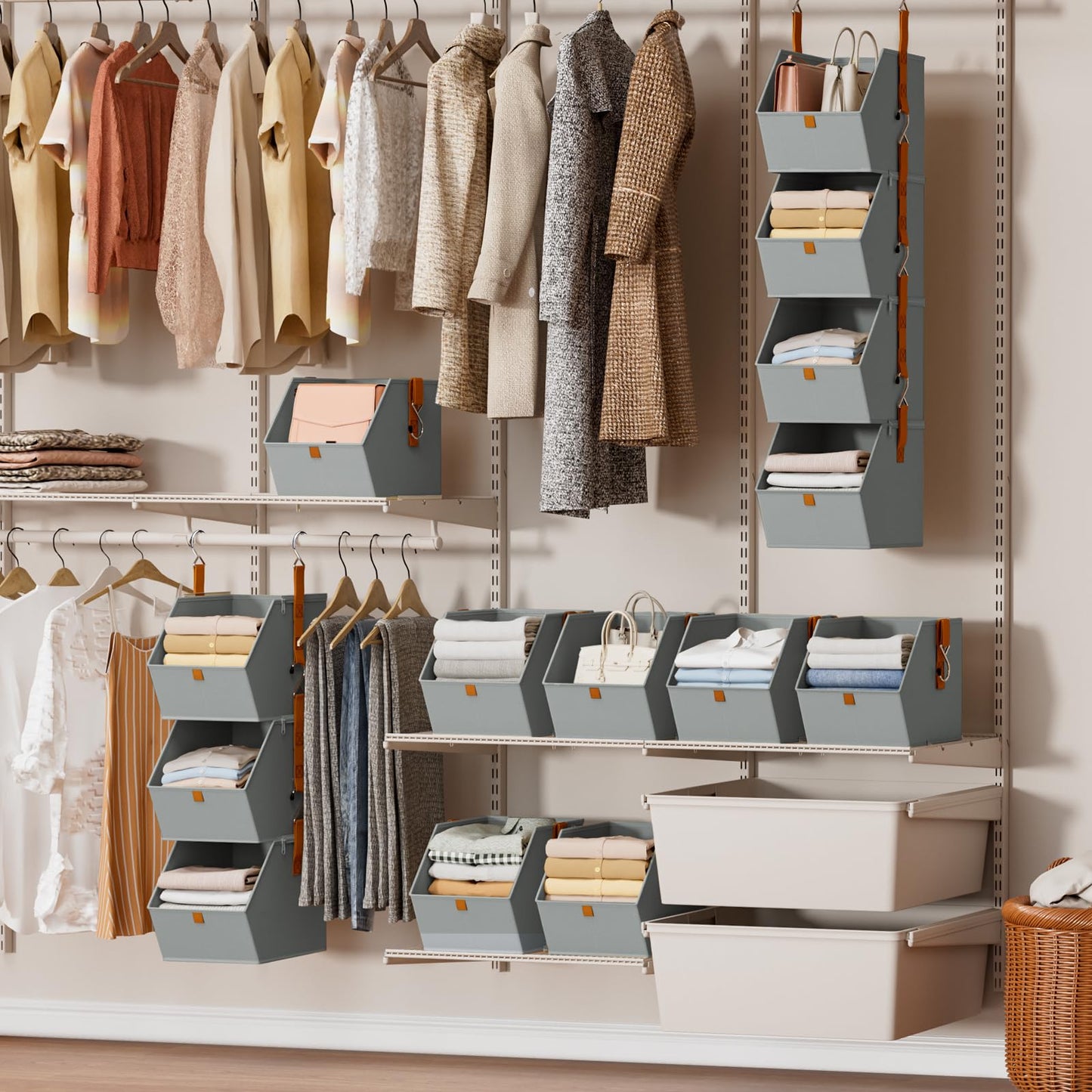 Homsorout Hanging Closet Organizer 4 Tier - Clothes Hanging Shelves, Space-Saving Closet System, Fabric Storage Bins Bedroom Organization, Collapsible Baskets for Home, Dorm, Rv, Grey