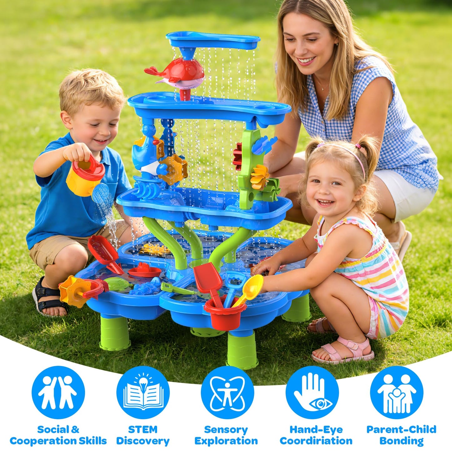 DUONIZAY Water Sand Table for Toddler Kids - 4-Tier Multifunctional Summer Toys,Outdoor Backyard Beach Playset with Stable Design,Sensory Learning Activity Game Gift for Boys Girls(Ocean Blue)