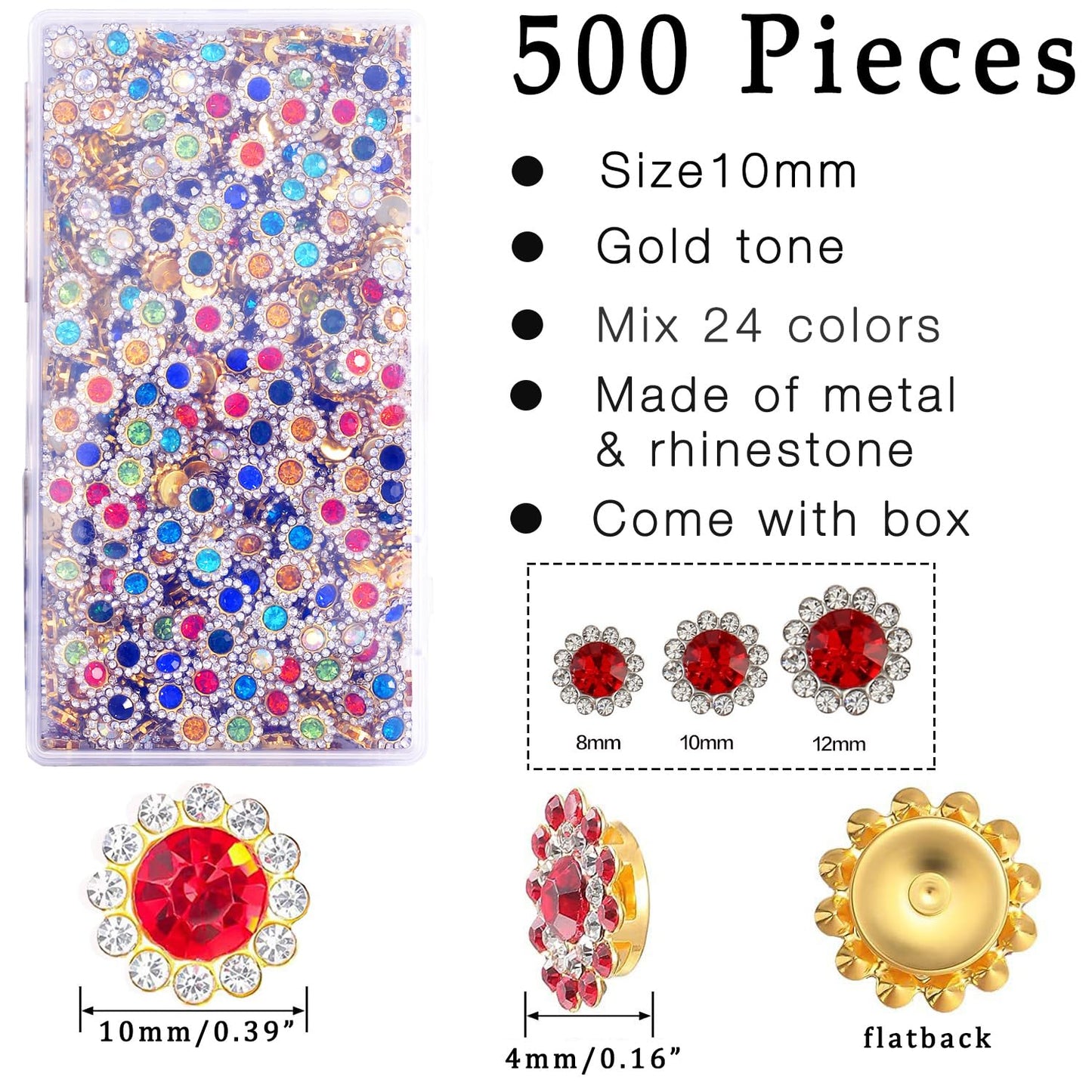 500PCs Sew on Rhinestones, Crystal Flower Shape Bedazzling, 10mm Crystal Flatback Embellishments for Sewing and Crafts, with Storage Box (10mm - Gold Tone)