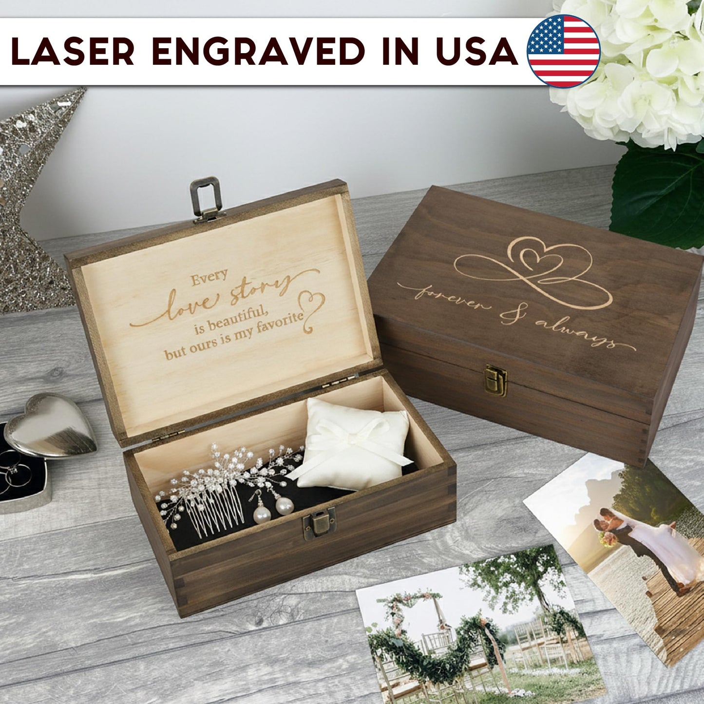 Rustic Wooden Memory Box – Medium Keepsake Storage Box with Double-Sided Engraving – “Forever & Always” Outside & “Every Love Story…” Inside – Personalized Gift for Couples, Wedding, Anniversary