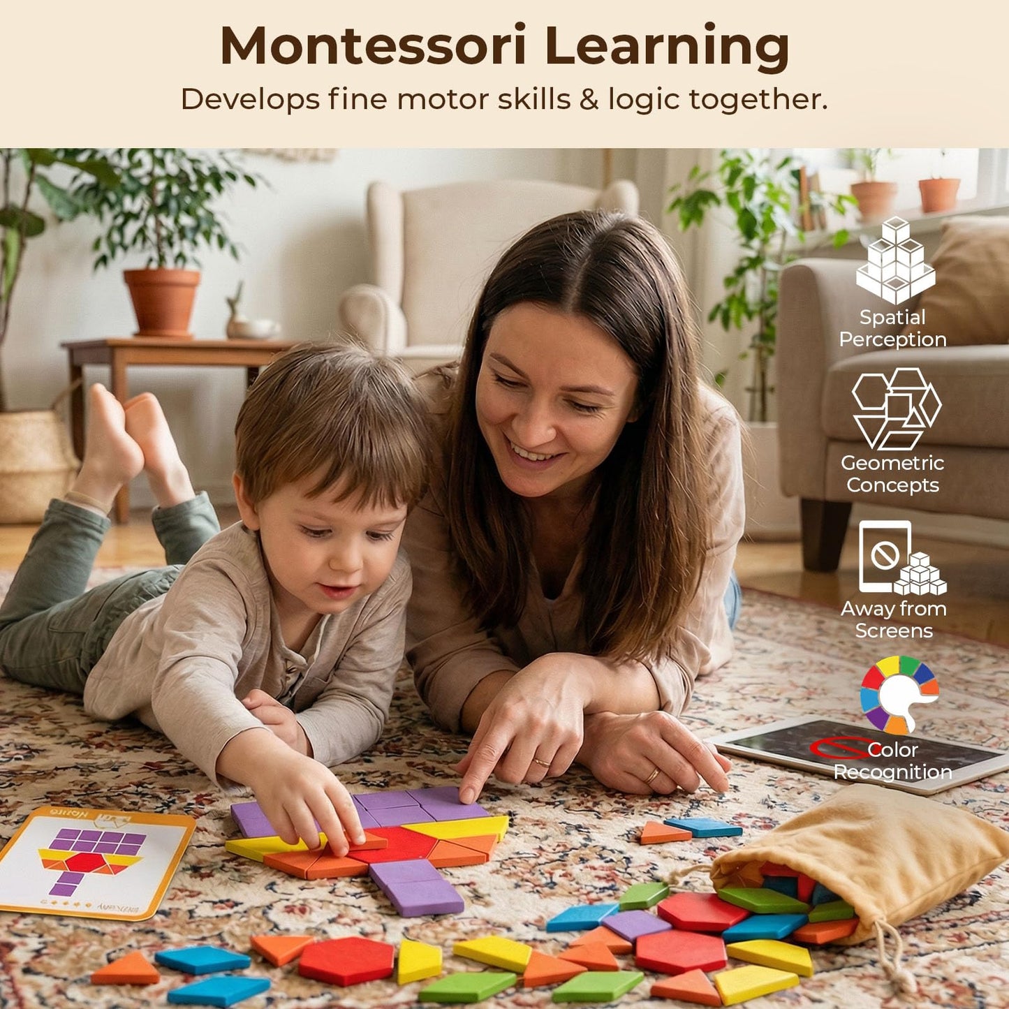 LovesTown 209 PCS Shapes Wooden Pattern Blocks for Kids, Geometric with Activity Cards and Storage Bag, Educational Tangram Puzzles,Great Learning Gift from Parents or Teachers