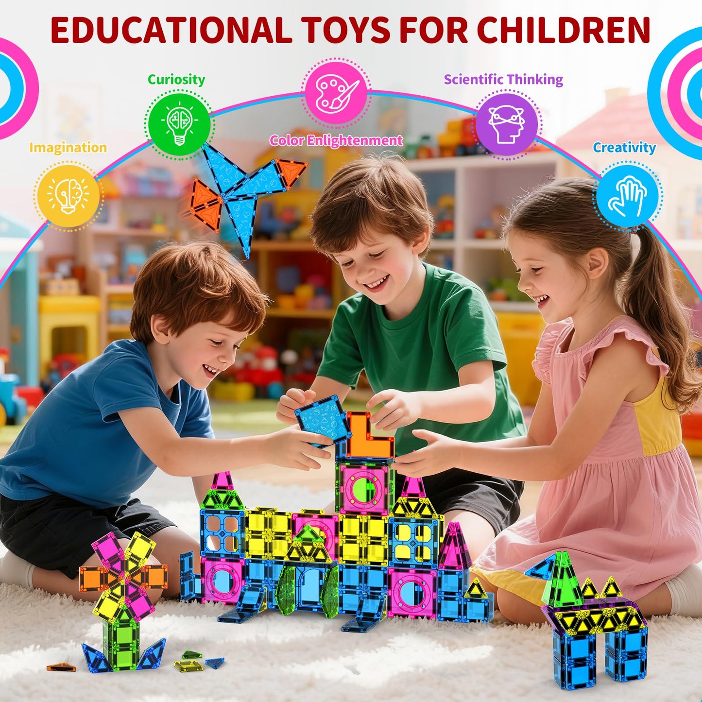 Ronqs 250 PCS 3D STEM Educational Magnetic Tiles for Kids Magnetic Blocks for Kids Magnetic Building Blocks Set