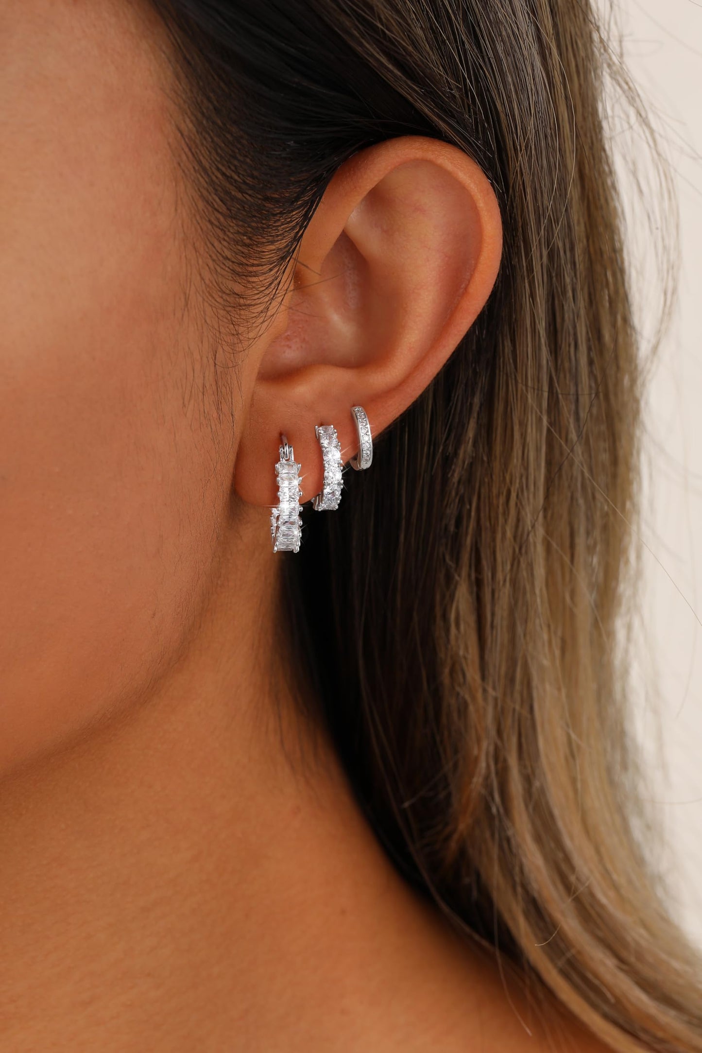 CAROVO 3 Pairs Silver Hoop Earrings for Women Trendy Dainty 14K Gold Plated Cubic Zirconia Huggie Hoop Earrings Stack for Multiple Piercing Jewelry