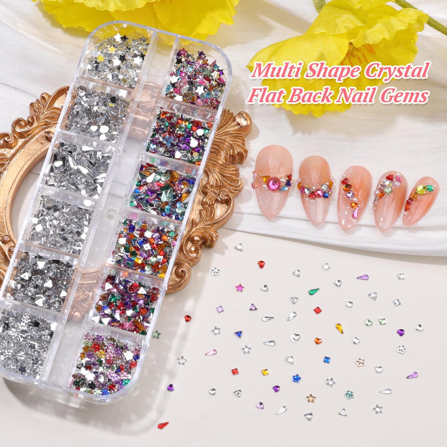 15 Boxes Nail Rhinestones Gems Kit,Gold/Silver Metal Studs,Mixed Sizes Flatback Crystals Rhinestones,Half Pearls,Sequins,Foil Flakes with Tweezers & Dotting Tools for DIY Manicure