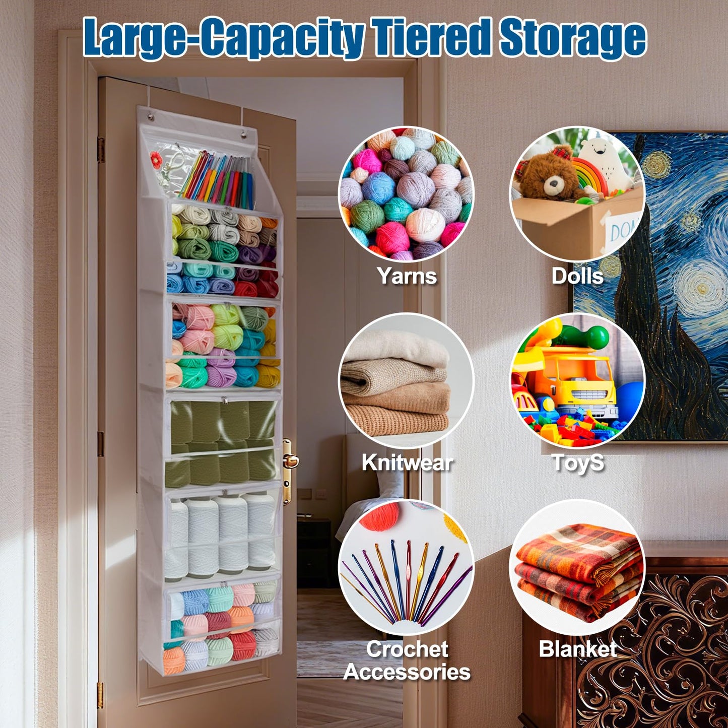 Hanging Yarn Storage Organizer, Large Capacity Knitting Organizer Storage with 6 Zipper Closure Compartments, Transparent Over Door Yarn Storage for Crochet Hook, Knitting Needles and Yarn Balls
