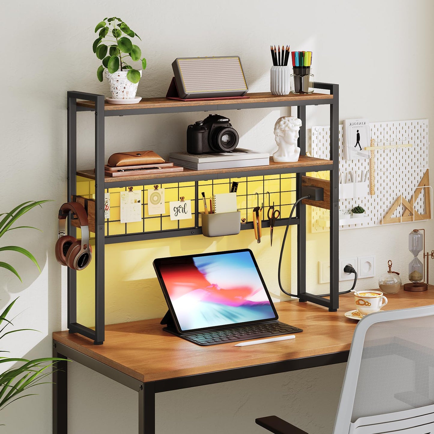 HOOBRO Desktop Bookcase, 2-Tier Desktop Organizer, 29.9" Wooden Office Storage Rack with Outlets, Display Shelf Rack with Light Strip, Desk Hutch for Office, Rustic Brown BF11UDSJ01