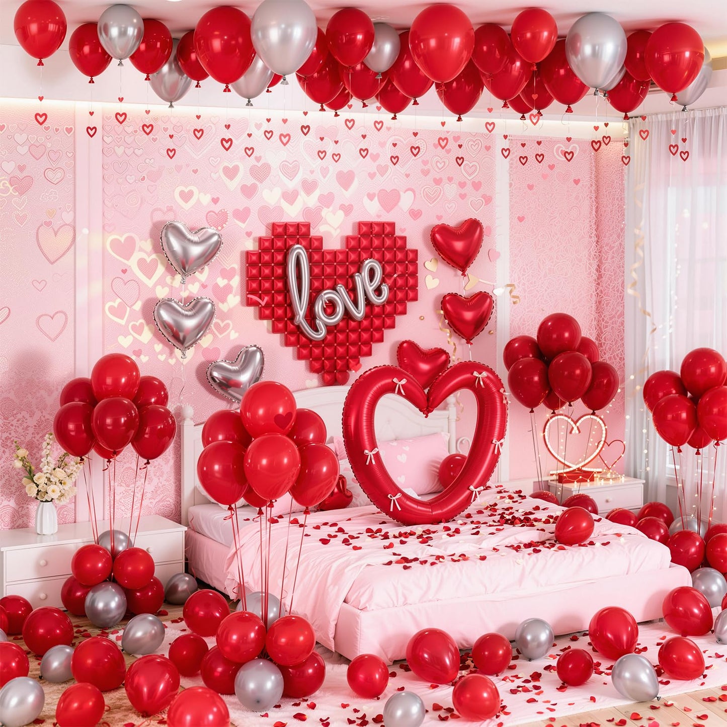 648PCS Valentines Party Decorations Kit with Rose Petals, Red and Silver Heart Balloons, Valentines Day Decor for Home, Wedding Decorations, Anniversary, Galentines Day Party