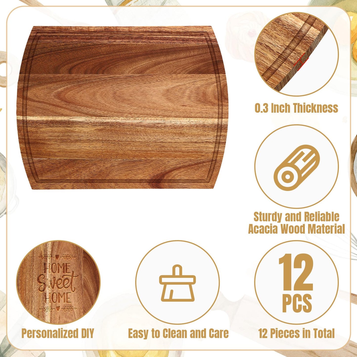 Patelai 12 Pack 12 x 16 Inch Large Cutting Boards Bulk Wooden Kitchen Chopping Boards for Crafts DIY Wedding Housewarming Gift(Acacia)