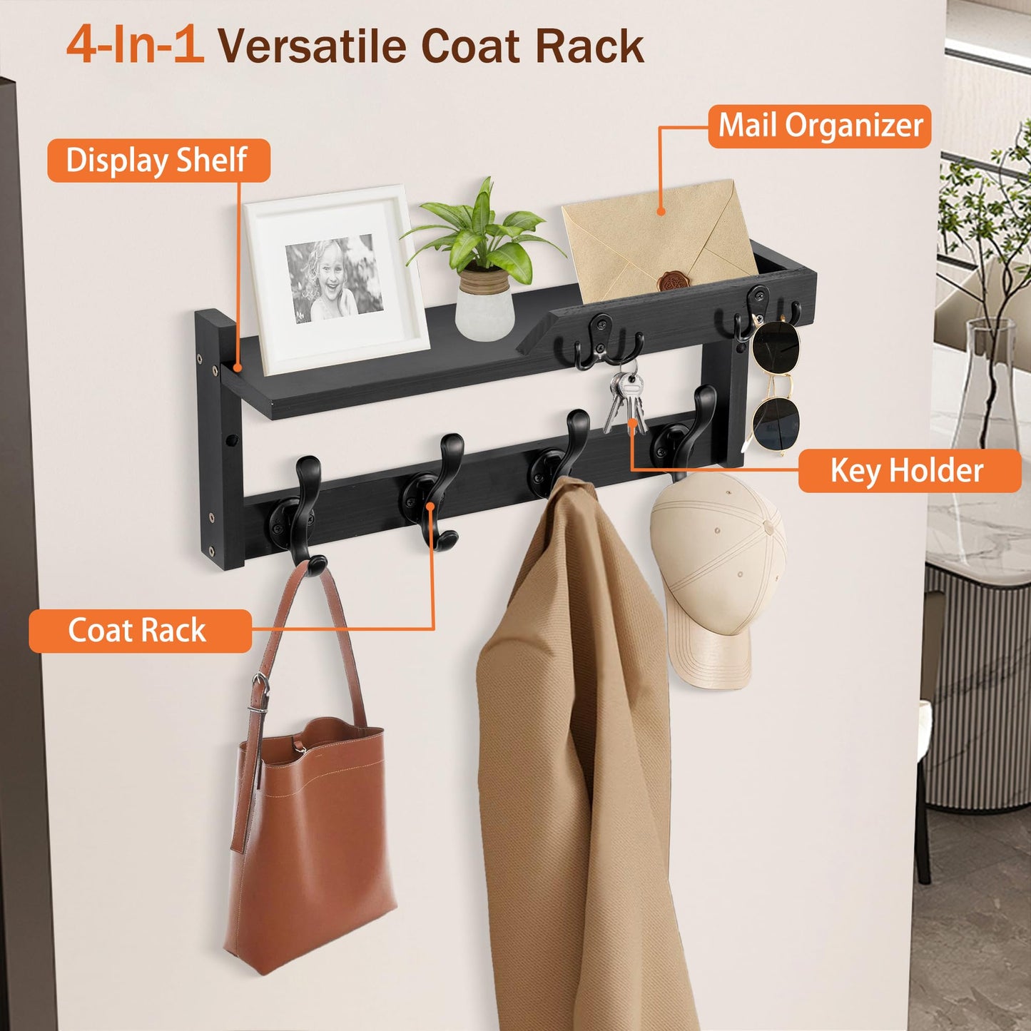 dreampossible Coat Rack Wall Mount with Shelf, Coat Hanger Wall Mount with Key Hooks and Mail Holder, Wood Entryway Floating Shelf with Hooks and Storage, Hat Rack for Wall Key Holder Mail Organizer