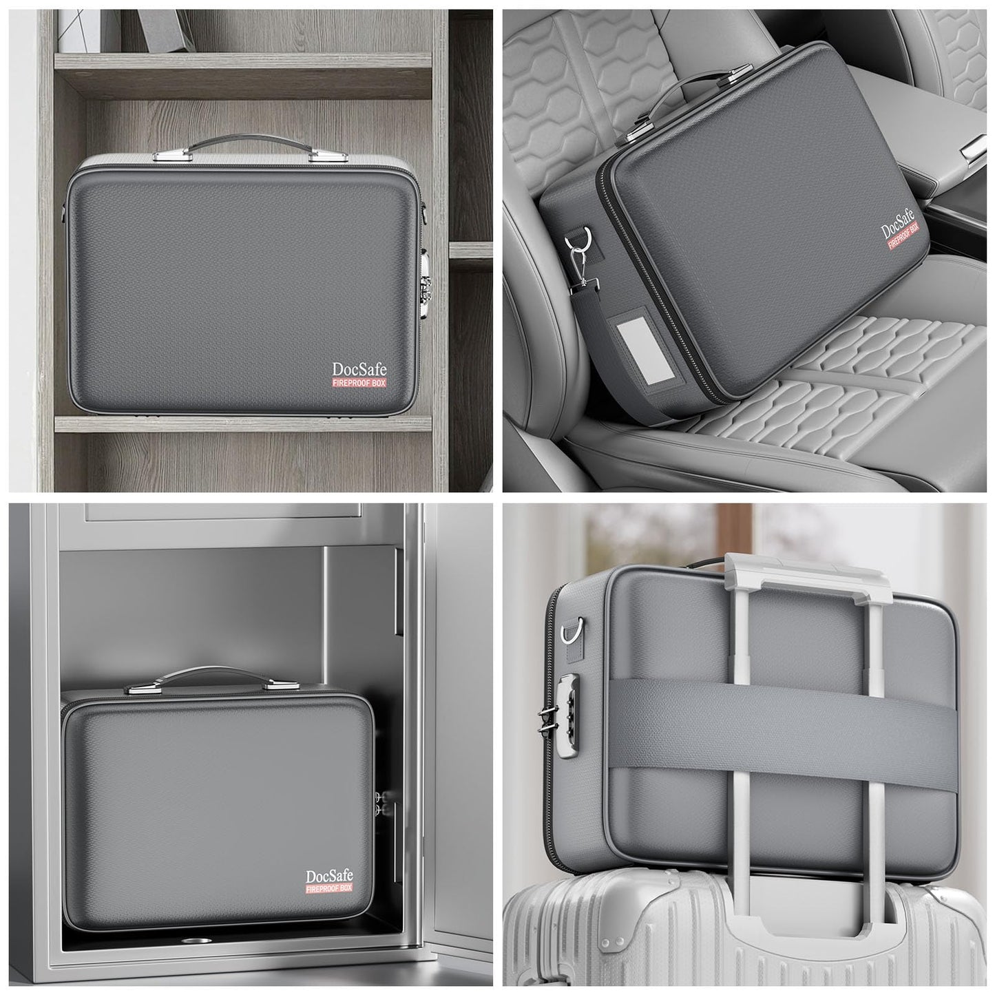 DocSafe Fireproof Document Box with Lock＆Shoulder Strap,Hard Case File Organizer with Accordion File Folder,Multi-Layer Portable Home Office Travel Safe Storage for Important Documents Laptop Gray