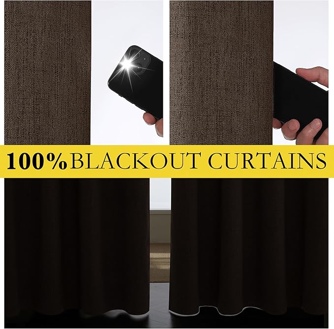 NICETOWN Coffee Vintage Linen 100% Blackout Curtains for Living Room, Thermal Insulated Curtains 120" Long, Noise Reducing Window Treatment Drapes for Hall Room, 52" Wide Per Panel, Set of 2