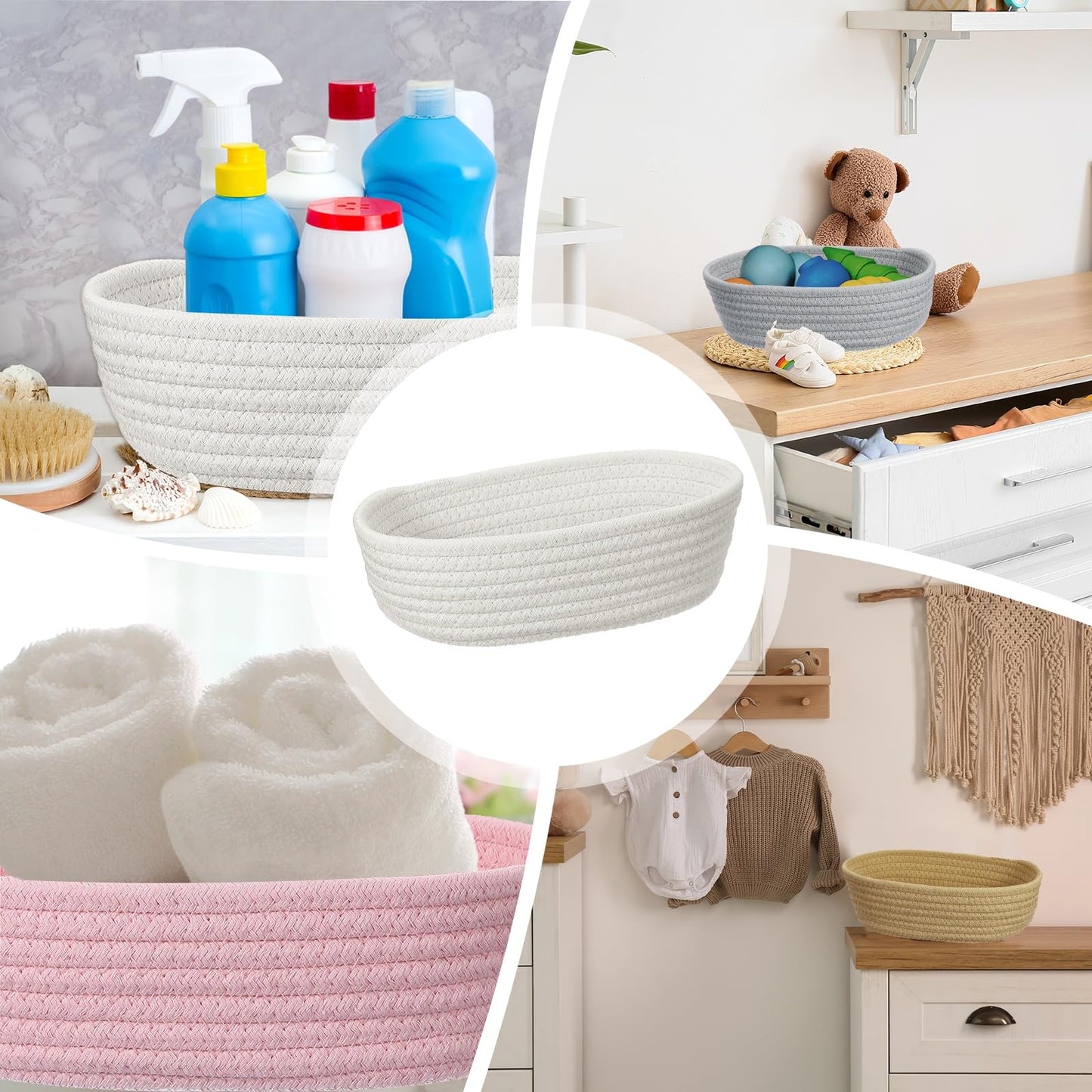 uxcell White Small Cotton Rope Woven Storage Basket, Shelf Closet Storage Gift Woven Baskets Cute Nursery Box Bin Decor Organization Bin for Home Supply, Oval, 10.3x3.2