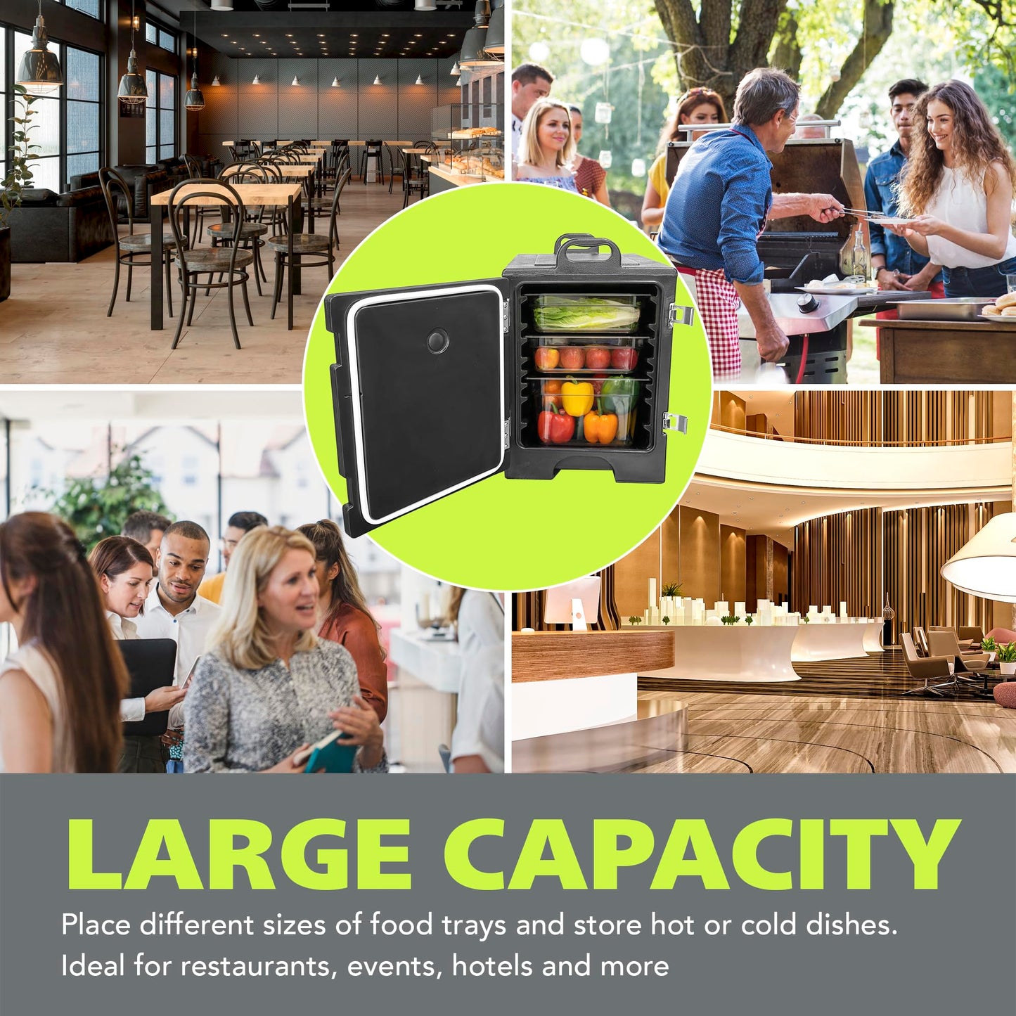 Pearington Commercial-Grade Insulated Food Pan Carrier for 5 Full-Size Pans, End-Loading Non-Electrical Stackable Hot Box Food Warmer with New Stainless Steel Latches, Black