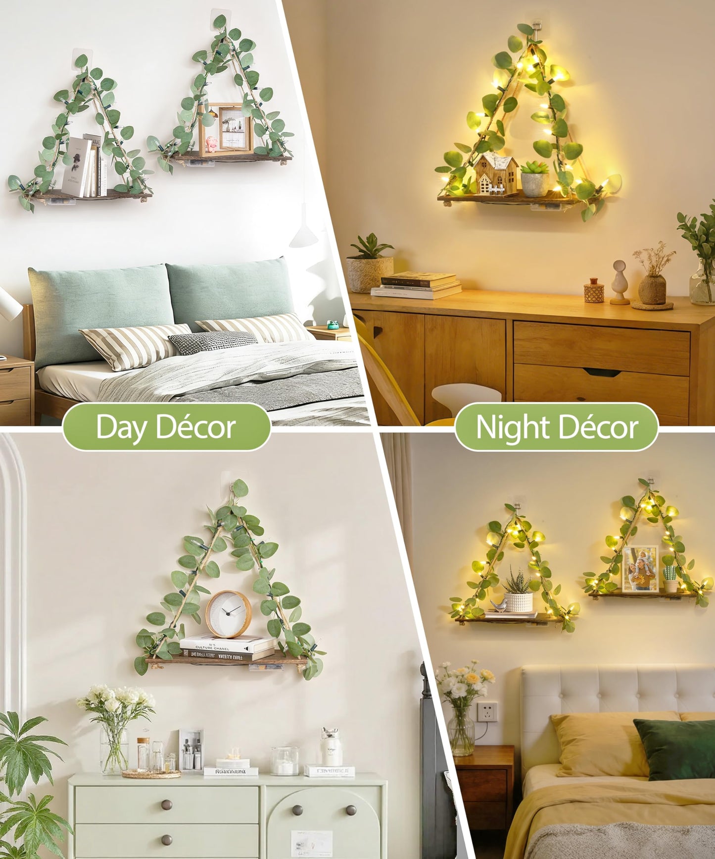 Macrame Hanging Shelf for Wall Decoration with Eucalyptus Lighted Garland,2 Pack Boho Hanging Shelves&Greenery Eucalyptus Garland with Lights for Bedroom Living Room Boho Wall Décor, Wedding Décor