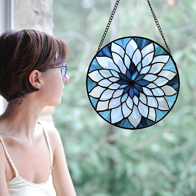 Stained Glass Suncatcher, Blue White Multi-Petal Flowers Sun Catcher Landscape Stain Glass Window Hanging Decoration Mother's Day Birthday Gifts for Women Men Mom Nana 9.8 in