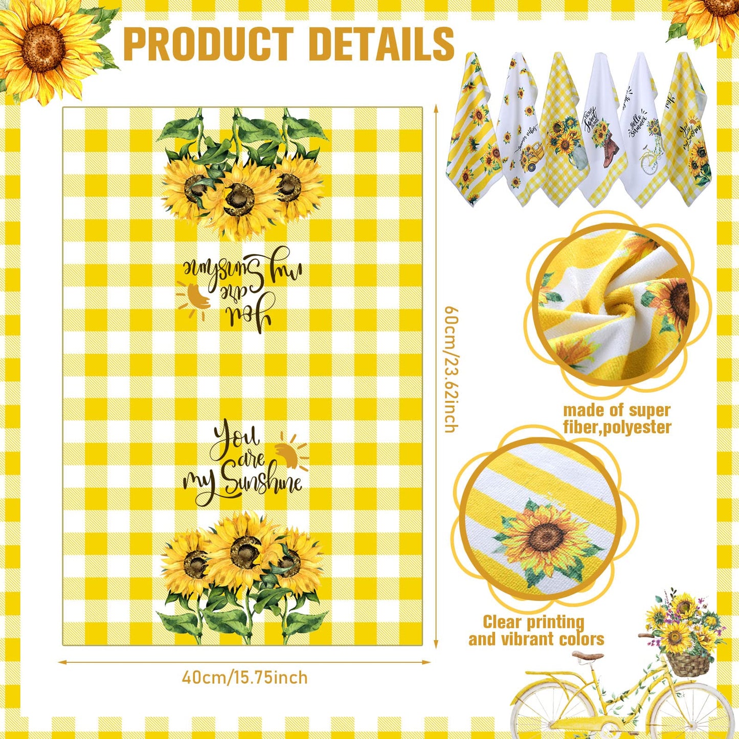Oudain 6 Pcs Sunflower Kitchen Dish Towels Sunflower Absorbent Tea Towels Reusable Fast Drying Cleaning Dishcloths for Summer Housewarming Gift